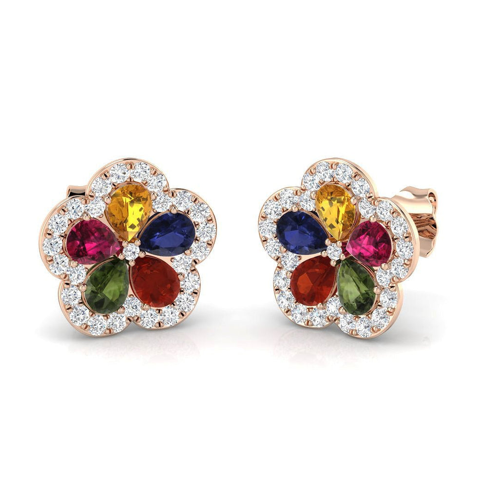 Pear Multi Sapphire and Diamond Flower Earrings 2.50ct in 9k Rose Gold - All Diamond
