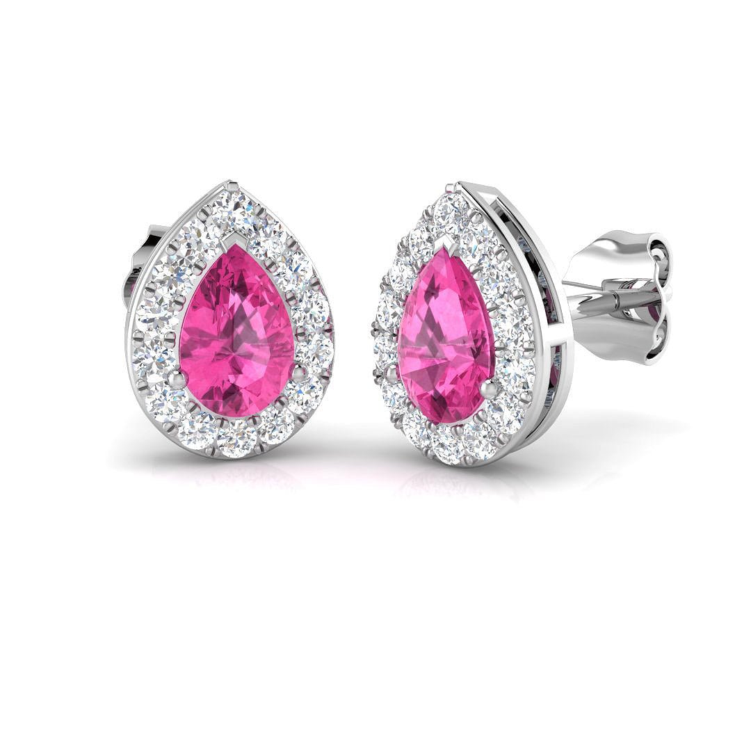 Pear Pink Sapphire & Diamond Halo Earrings 1.33ct in 18k White Gold - All Diamond