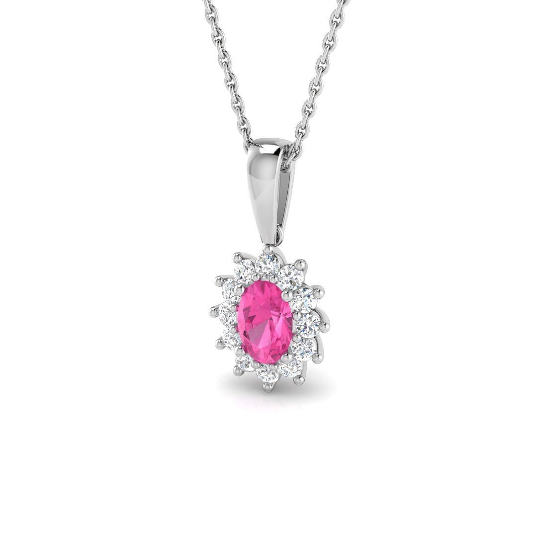 Pink Sapphire 0.70ct Oval with Diamond Cluster Pendant Necklace in 9k White Gold - All Diamond