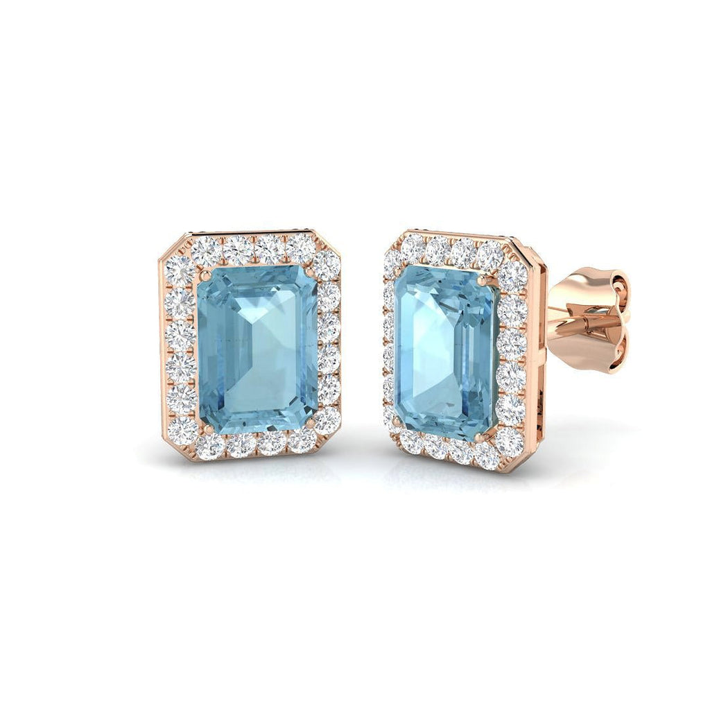 Rectangle 2.05ct Aquamarine & Diamond Cluster Earrings in 18k Rose Gold - All Diamond