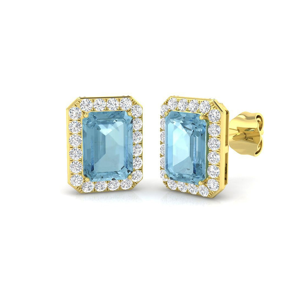 Rectangle 2.05ct Aquamarine & Diamond Cluster Earrings in 18k Yellow Gold - All Diamond