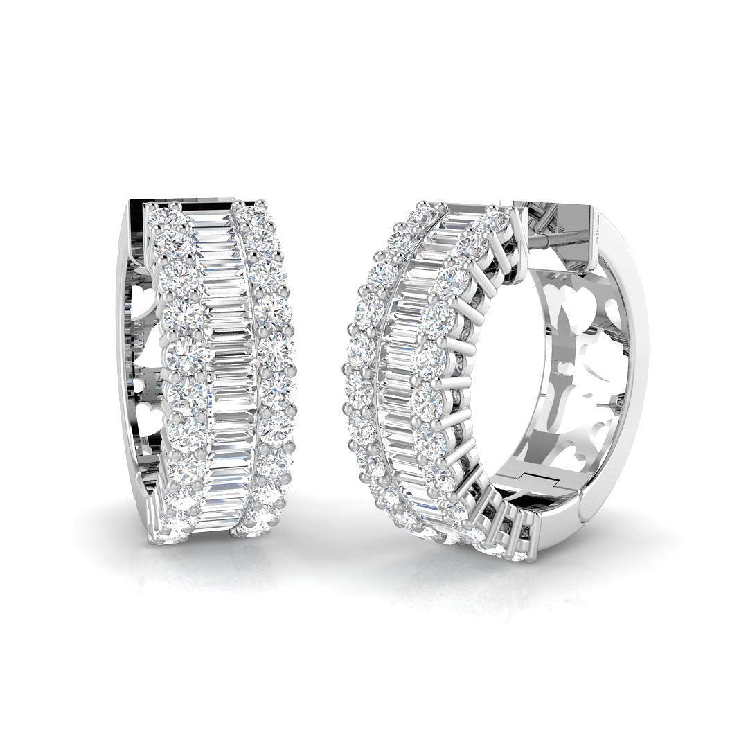 Round & Baguette Hoop Diamond Earrings 2.50ct G/SI 18k White Gold - All Diamond