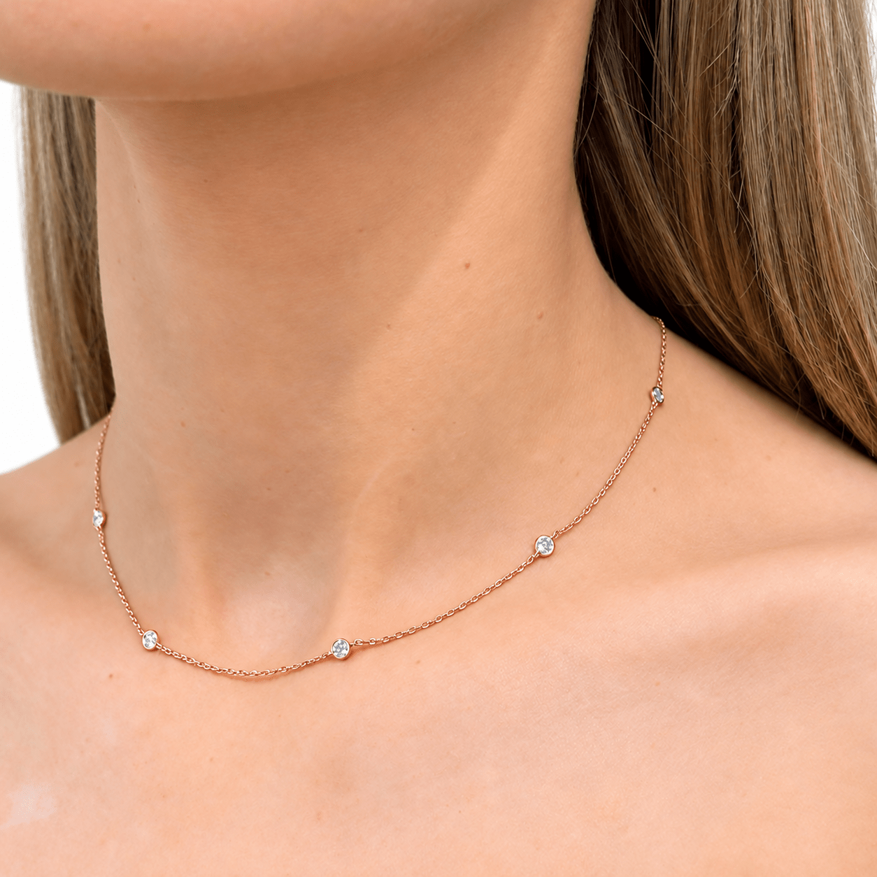 Round Diamond Chain Necklace 0.88ct G/SI 18k Rose Gold 16" - All Diamond