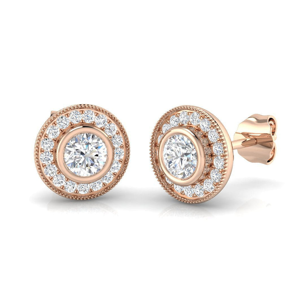 Rub Over Diamond Halo Earrings 0.70ct G/SI Quality in 18k Rose Gold - All Diamond