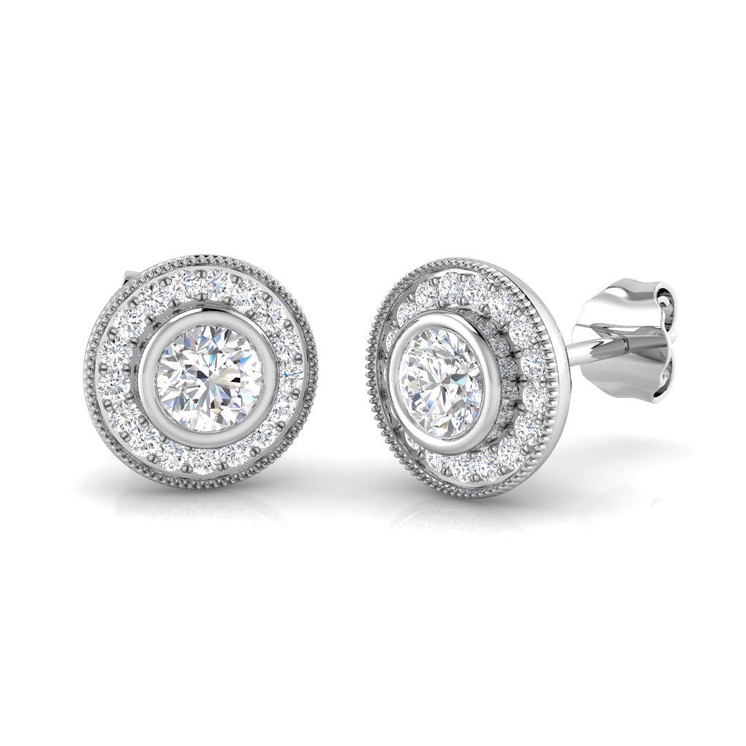 Rub Over Diamond Halo Earrings 0.70ct G/SI Quality in 18k White Gold - All Diamond