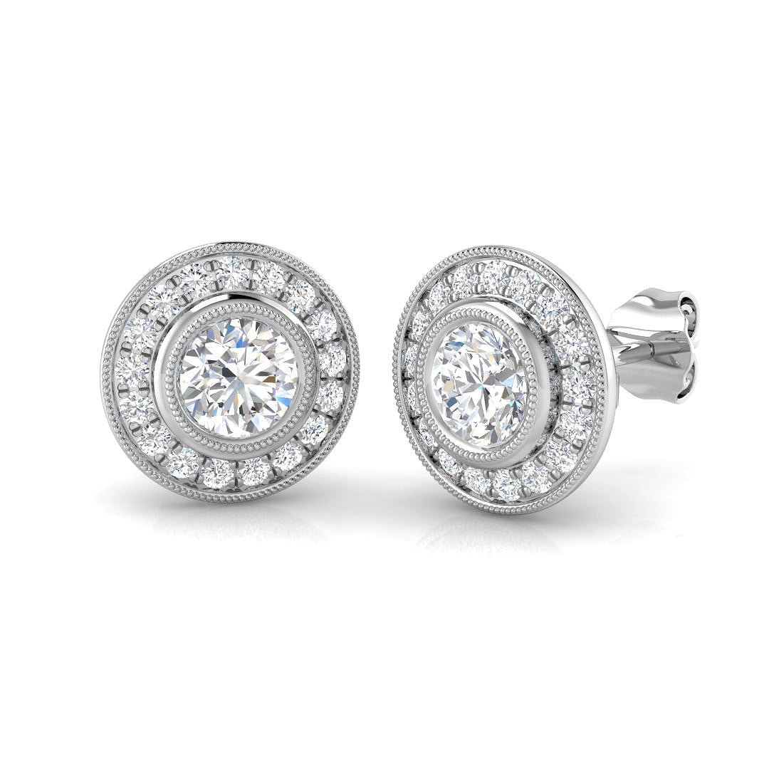 Rub Over Diamond Halo Earrings 1.30ct G/SI Quality in 18k White Gold - All Diamond