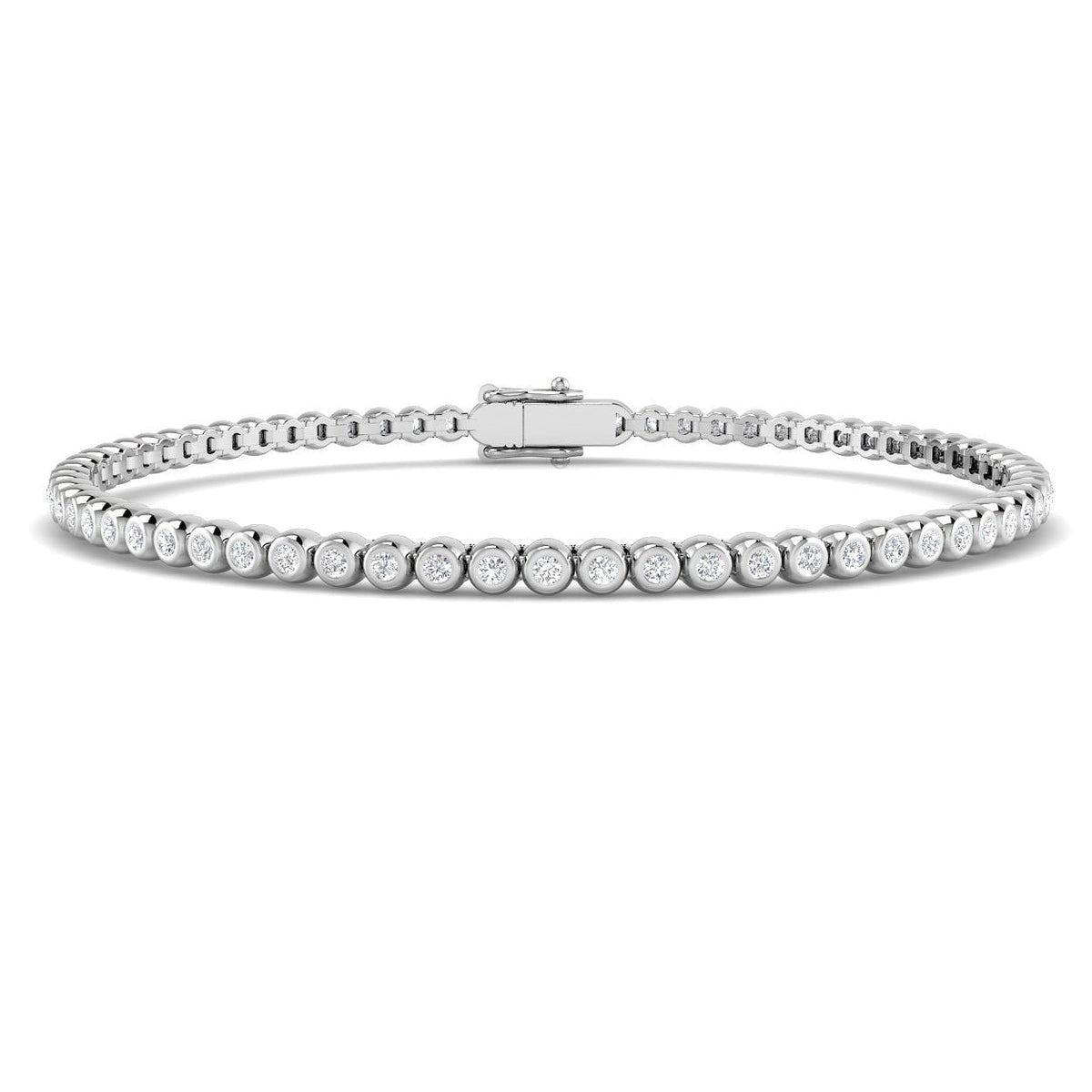 Round diamonds in rub-over settings along a 9k white-gold tennis bracelet