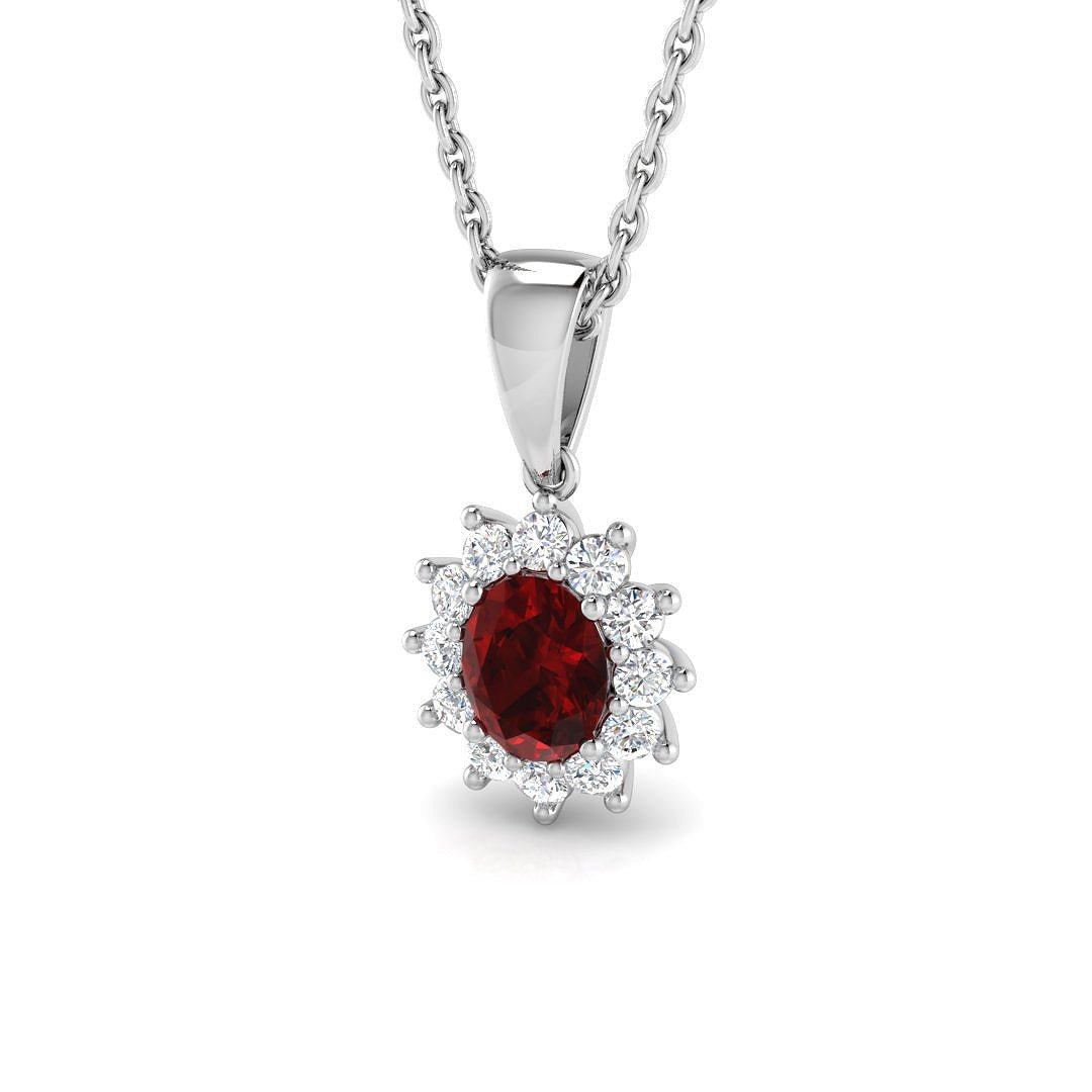 Ruby 0.55ct Oval with Diamond Cluster Pendant Necklace in 9k White Gold - All Diamond