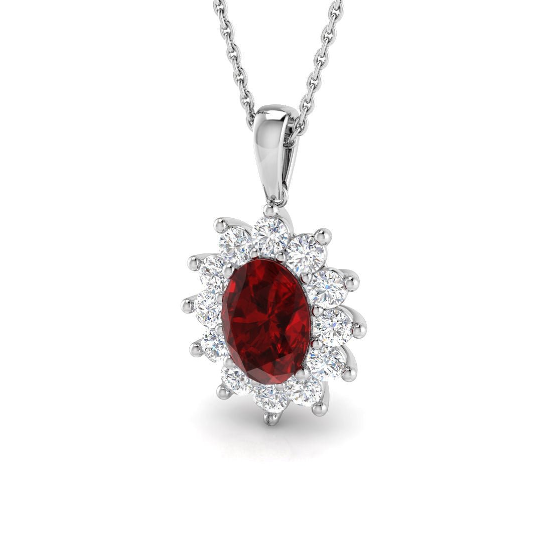 Ruby 2.15ct Oval with Diamond Cluster Pendant Necklace in 18k White Gold - All Diamond