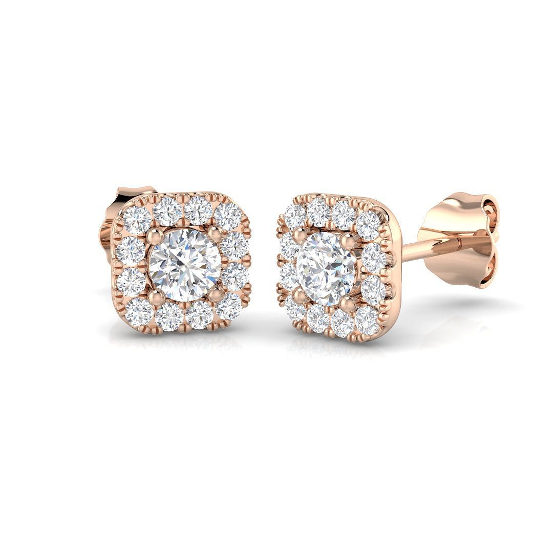 Square Halo Diamond Earrings 0.55ct G/SI Quality in 18k Rose Gold - All Diamond