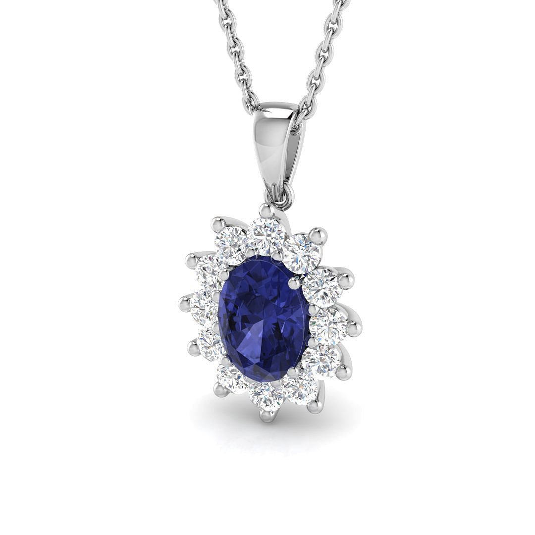 Tanzanite 0.90ct Oval with Diamond Cluster Pendant Necklace in 9k White Gold - All Diamond