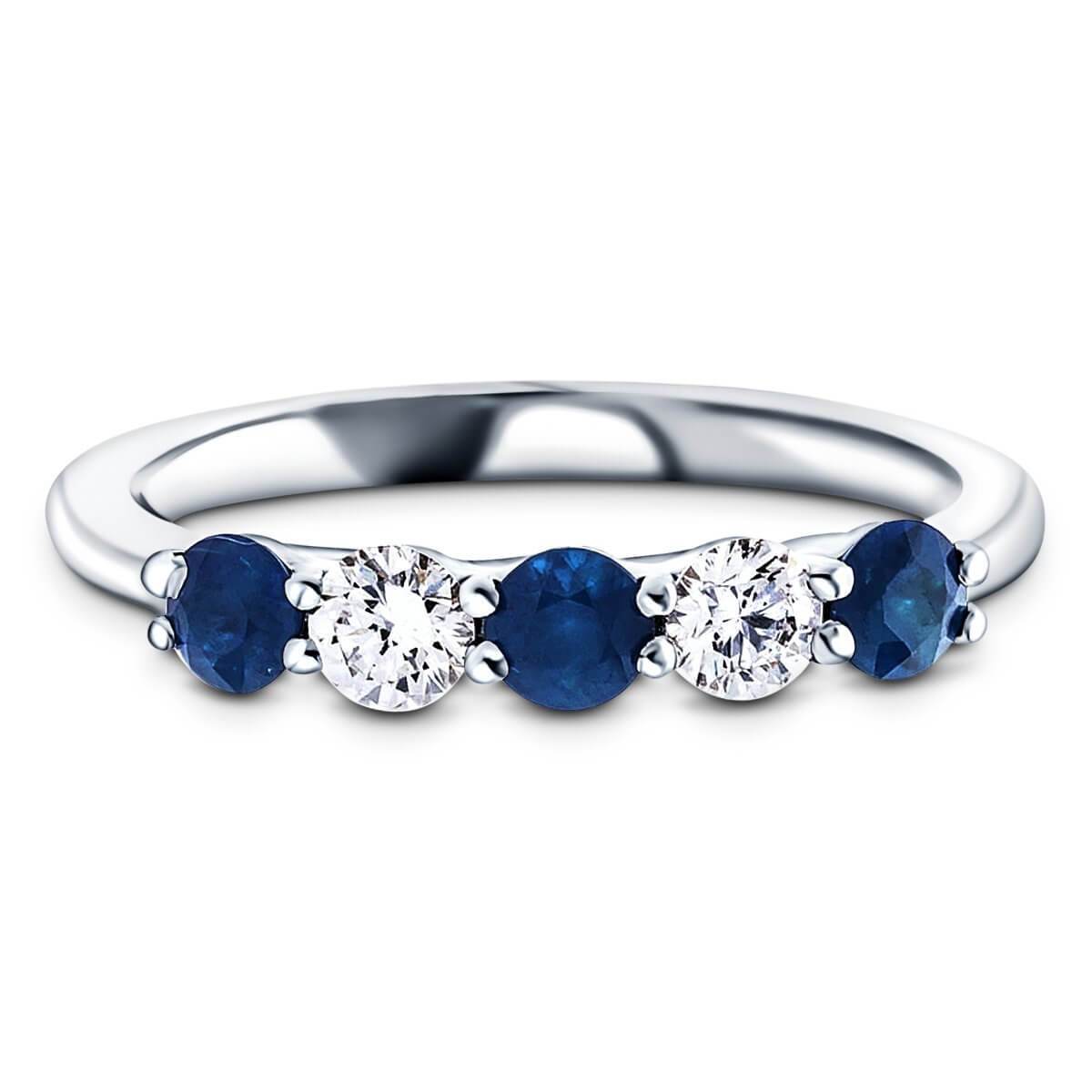 0.25ct Blue Sapphire 0.12ct Diamond Five Stone Ring 18k White Gold - All Diamond