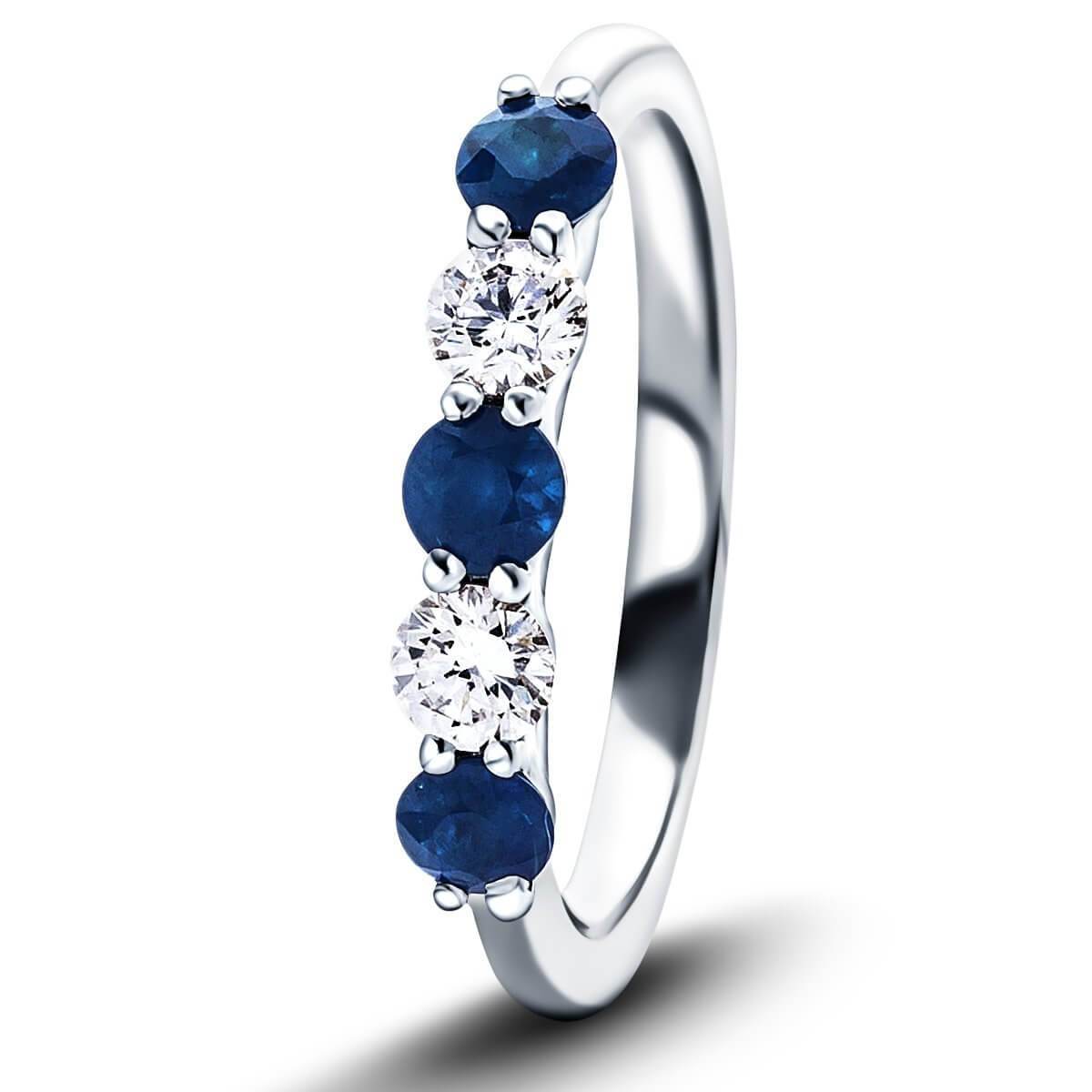 0.25ct Blue Sapphire 0.12ct Diamond Five Stone Ring 18k White Gold - All Diamond