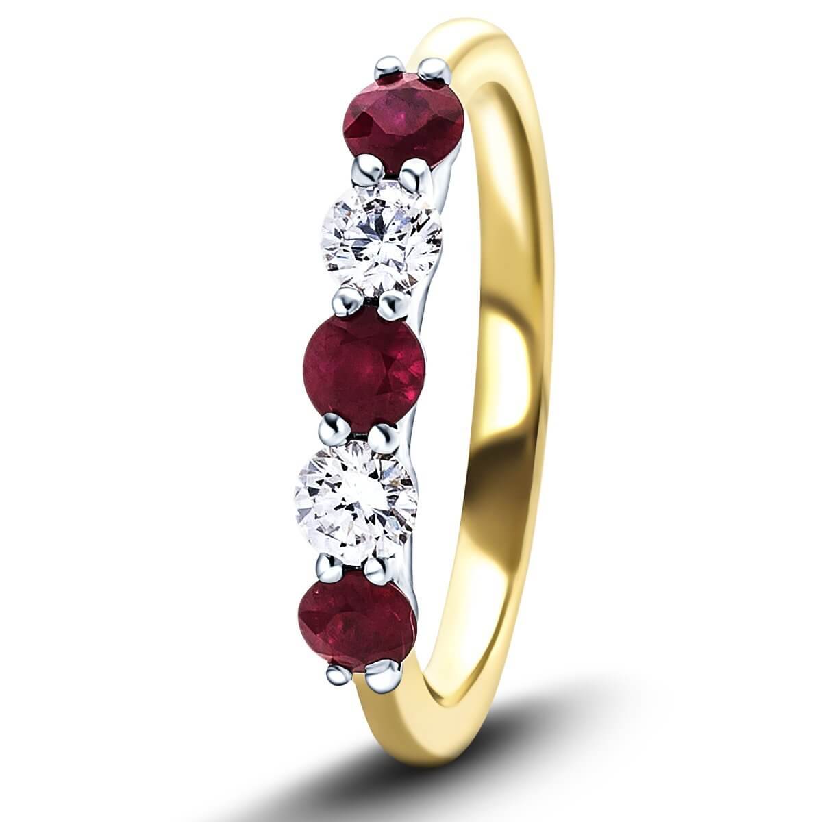 0.25ct Ruby 0.12ct Diamond Five Stone Ring 18k Yellow Gold - All Diamond