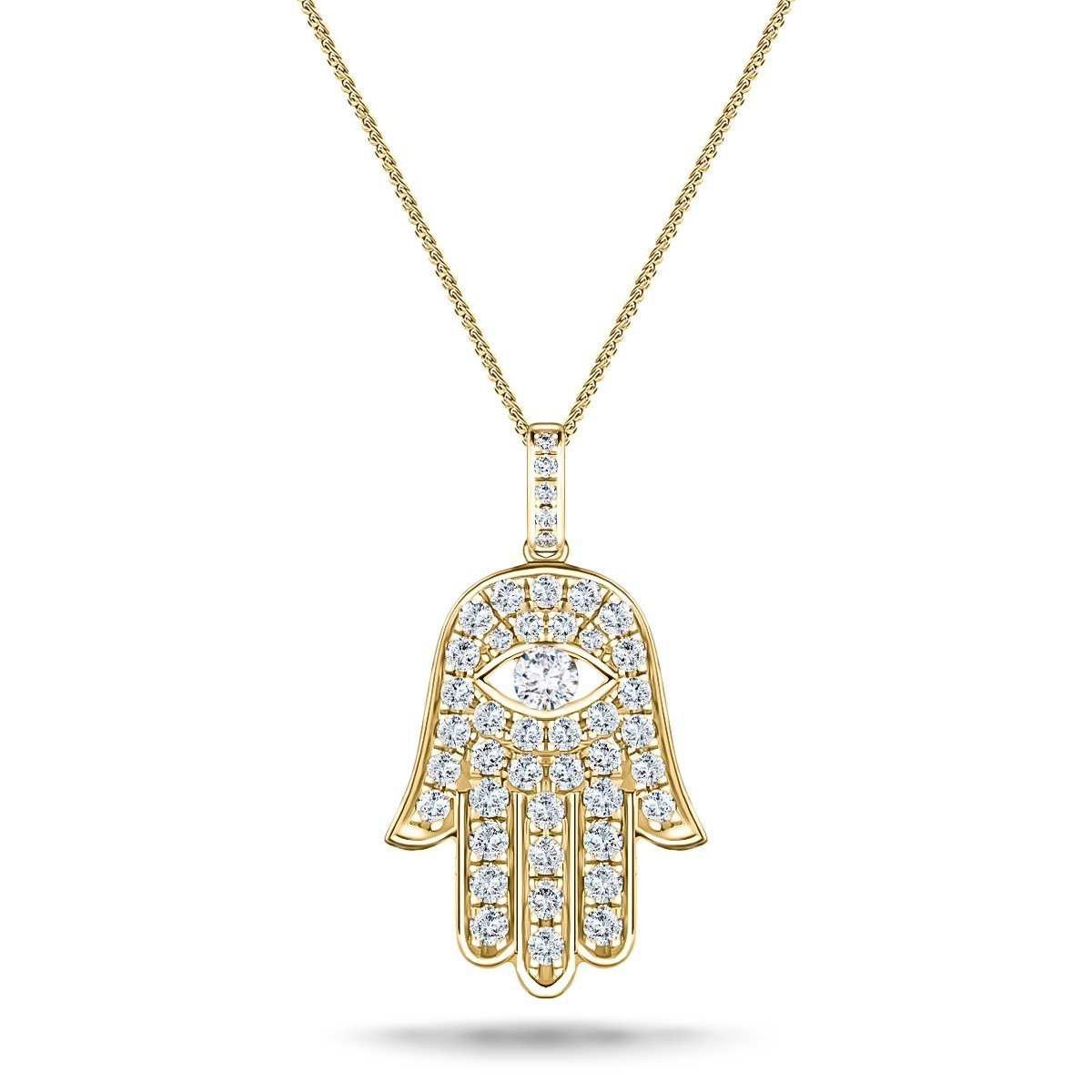 0.33ct Diamond and 9K Yellow Gold 'Evil Eye' Hamsa Pendant Necklace - All Diamond