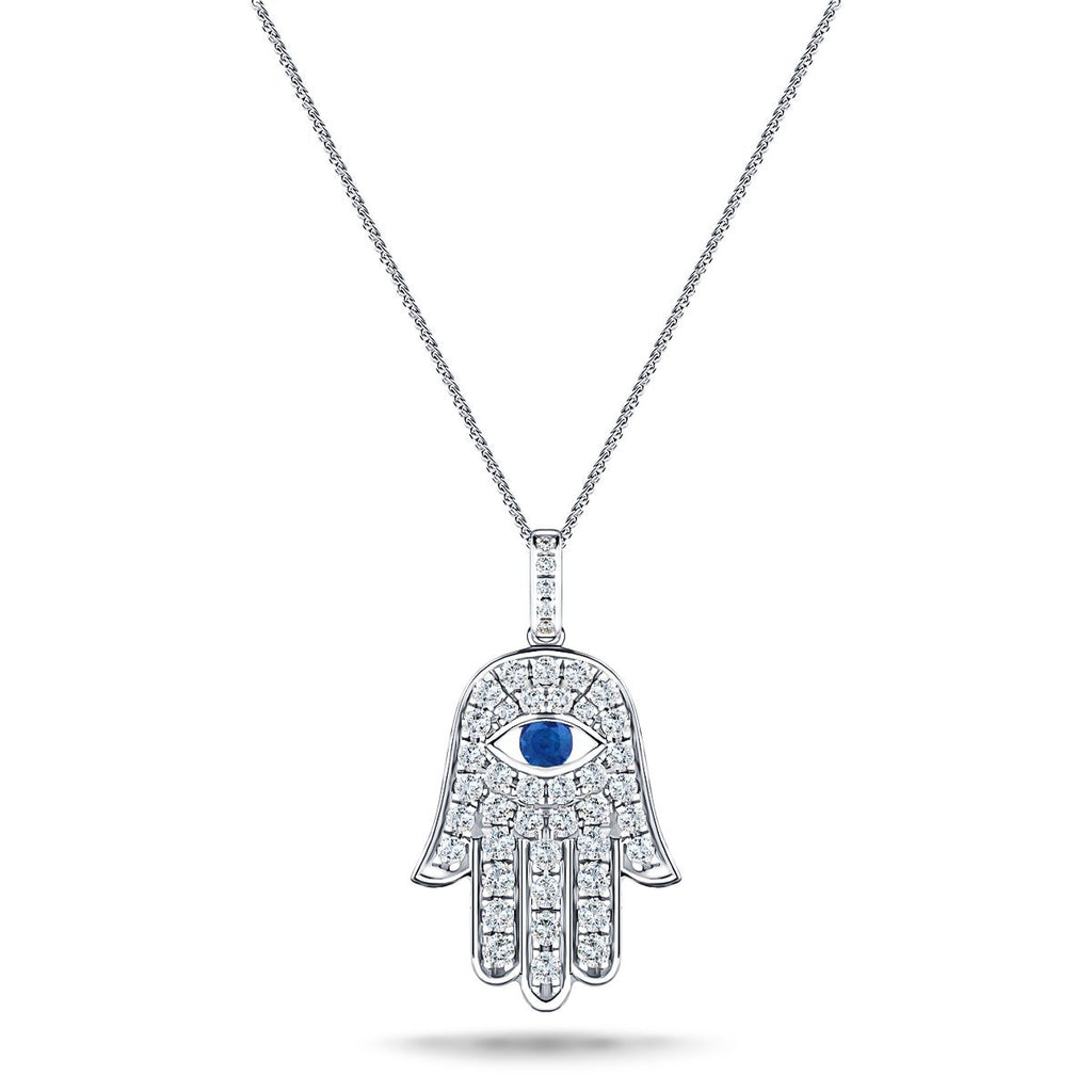 0.33ct Diamond Blue Sapphire 18K 'Evil Eye' Hamsa Pendant Necklace - All Diamond