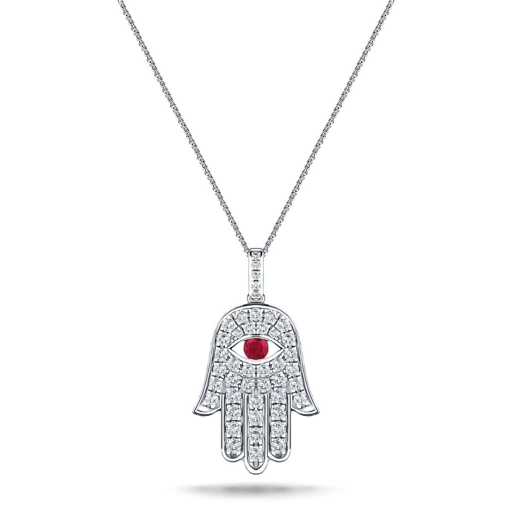0.33ct Diamond Ruby 18K White Gold 'Evil Eye' Hamsa Pendant Necklace - All Diamond