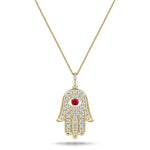 0.33ct Diamond Ruby 18K Yellow Gold 'Evil Eye' Hamsa Pendant Necklace - All Diamond