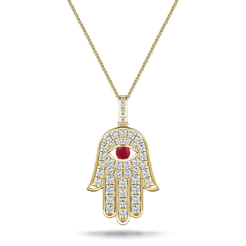 0.33ct Diamond Ruby 18K Yellow Gold 'Evil Eye' Hamsa Pendant Necklace - All Diamond