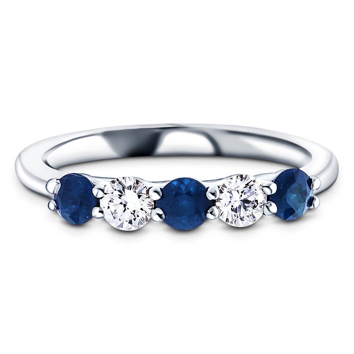 0.35ct Blue Sapphire 0.20ct Diamond Five Stone Ring 18k White Gold - All Diamond