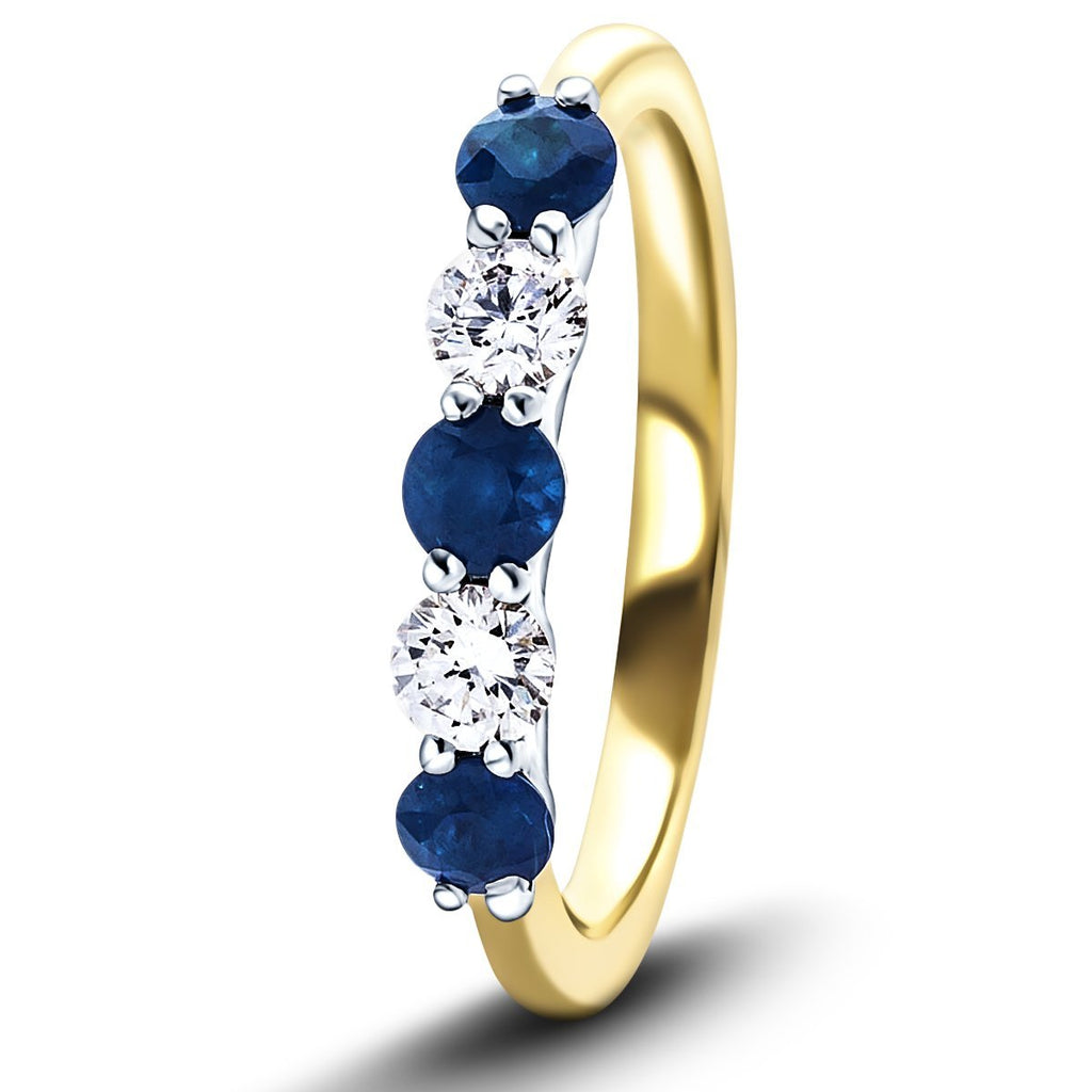 0.35ct Blue Sapphire 0.20ct Diamond Five Stone Ring 18k Yellow Gold - All Diamond