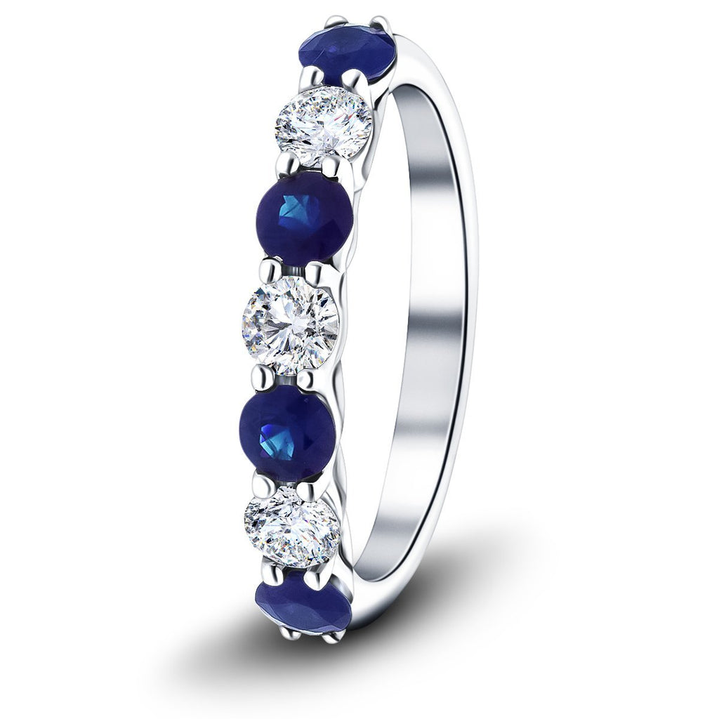 0.35ct Blue Sapphire 0.20ct Diamond Seven Stone Ring 18k White Gold - All Diamond