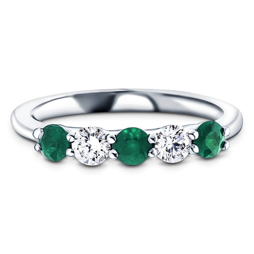 0.45ct Emerald 0.30ct Diamond Five Stone Ring 18k White Gold - All Diamond