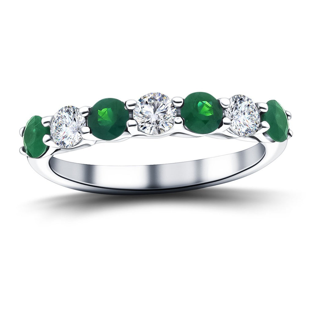0.45ct Emerald 0.35ct Diamond Seven Stone Ring 18k White Gold - All Diamond