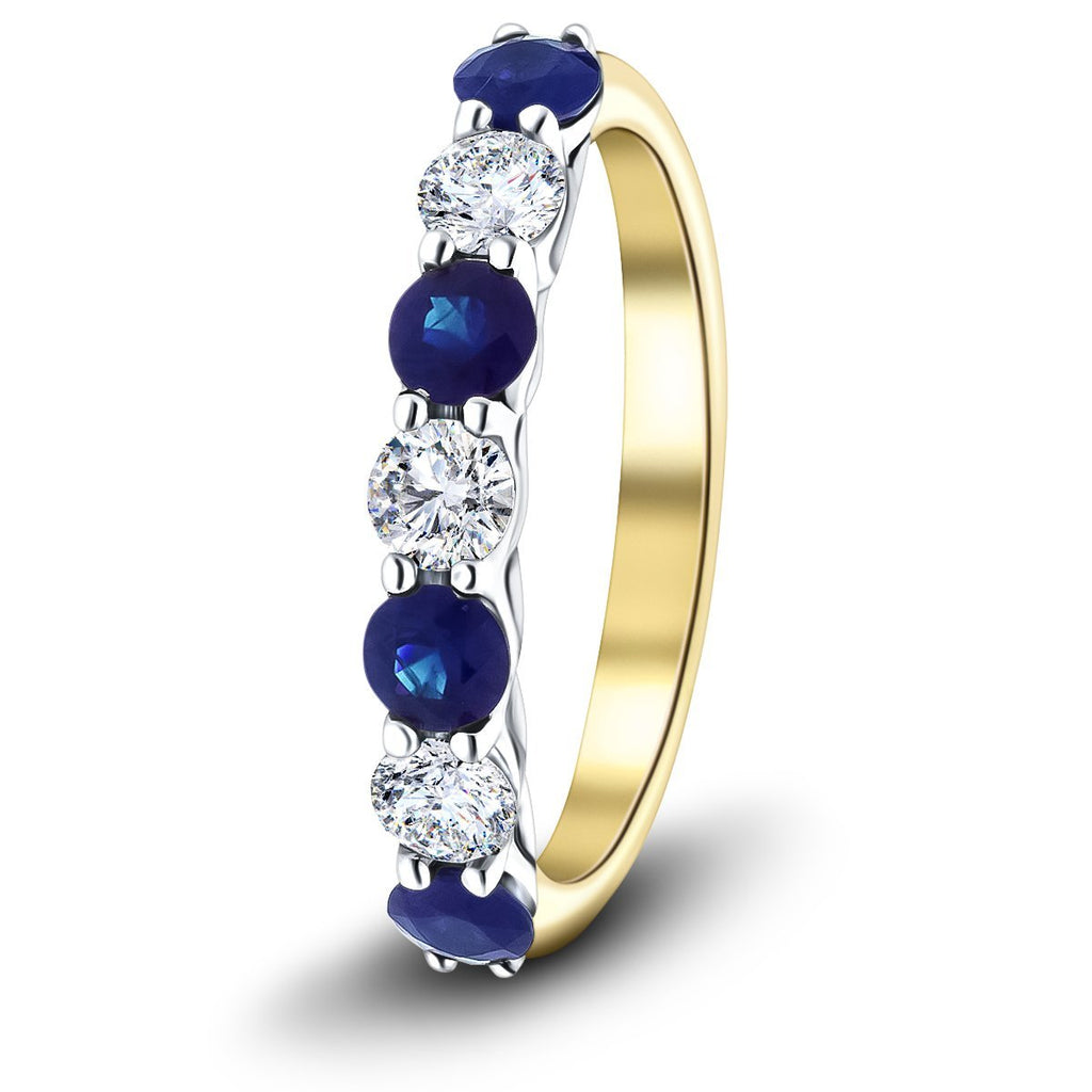 0.55ct Blue Sapphire 0.35ct Diamond Seven Stone Ring 18k Yellow Gold - All Diamond