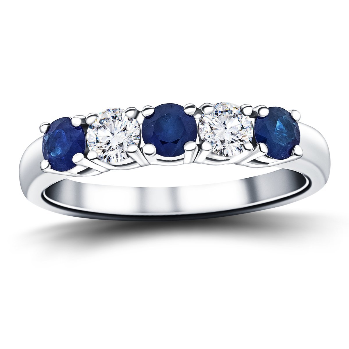 0.60ct Blue Sapphire 0.30ct Diamond Five Stone Ring 18k White Gold - All Diamond