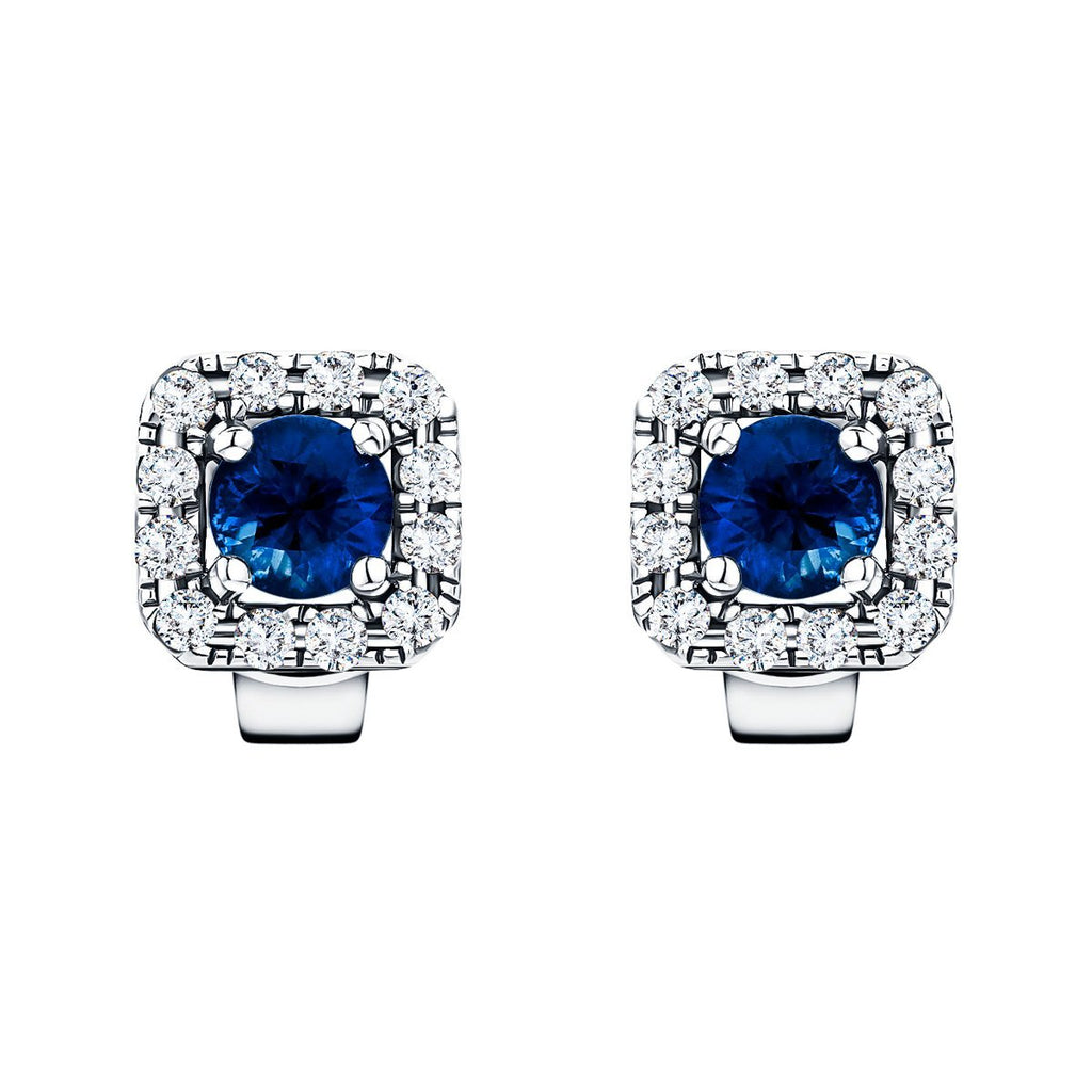 0.60ct Blue Sapphire & Diamond Square Cluster Earrings 18k White Gold - All Diamond