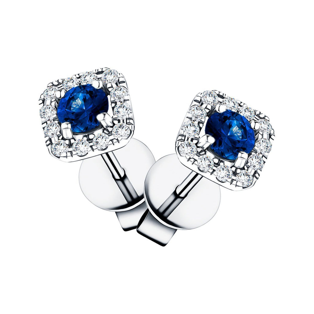 0.60ct Blue Sapphire & Diamond Square Cluster Earrings 18k White Gold - All Diamond