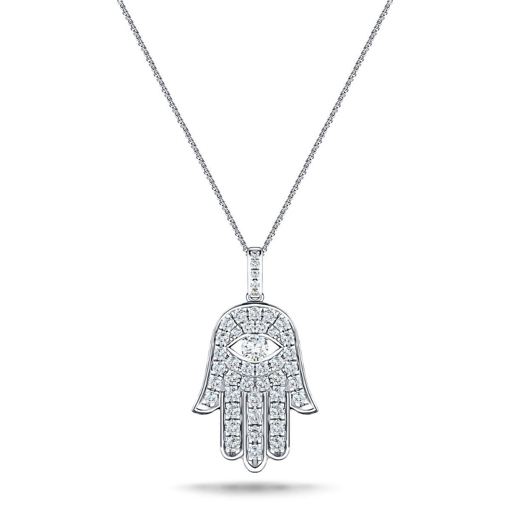 0.60ct Diamond and 18K White Gold 'Evil Eye' Hamsa Pendant Necklace - All Diamond
