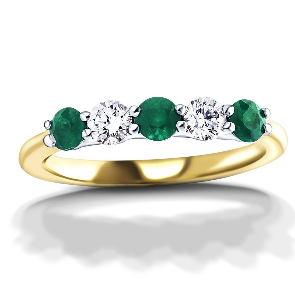 0.60ct Emerald 0.40ct Diamond Five Stone Ring 18k Yellow Gold - All Diamond