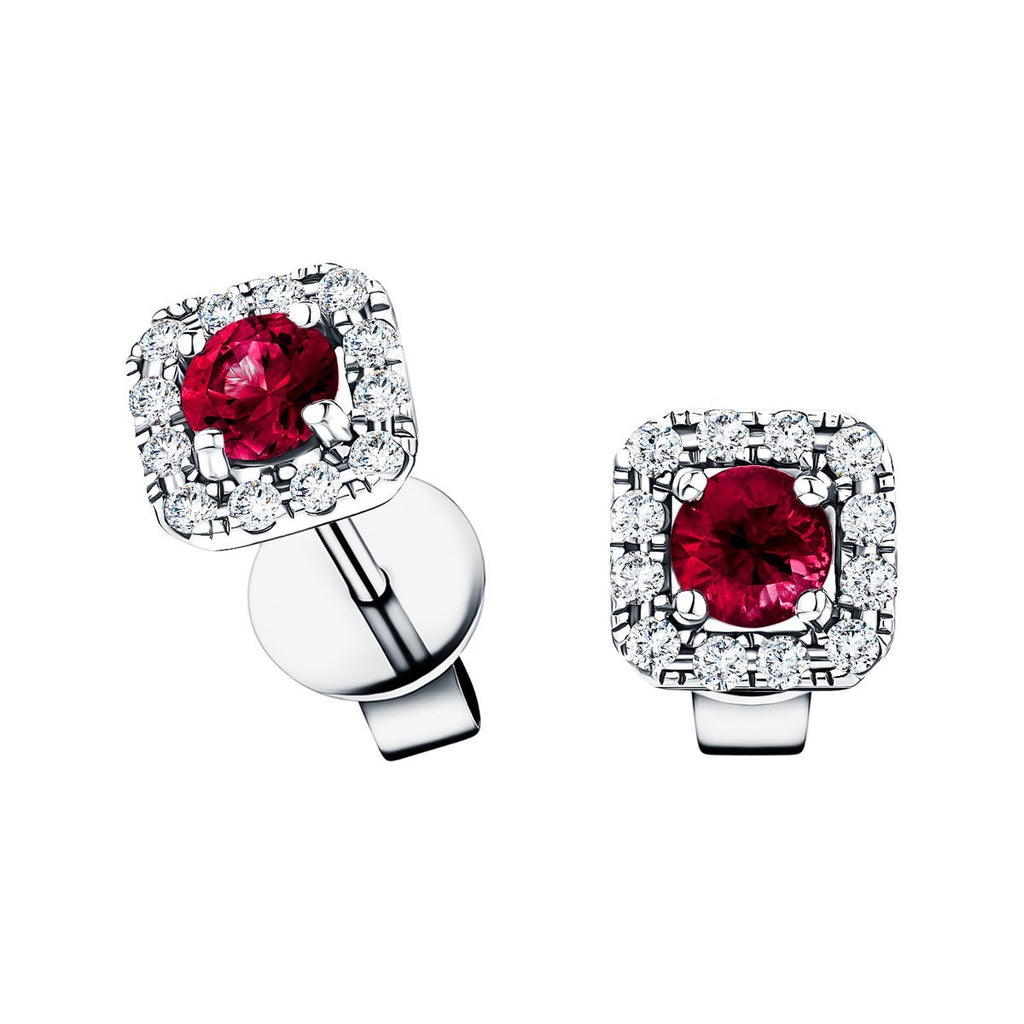 0.60ct Ruby & Diamond Square Cluster Earrings 18k White Gold - All Diamond