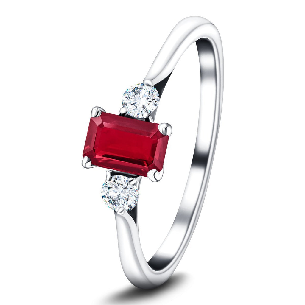0.60ct Ruby with 0.20ct Diamond Trilogy Ring 18k White Gold - All Diamond