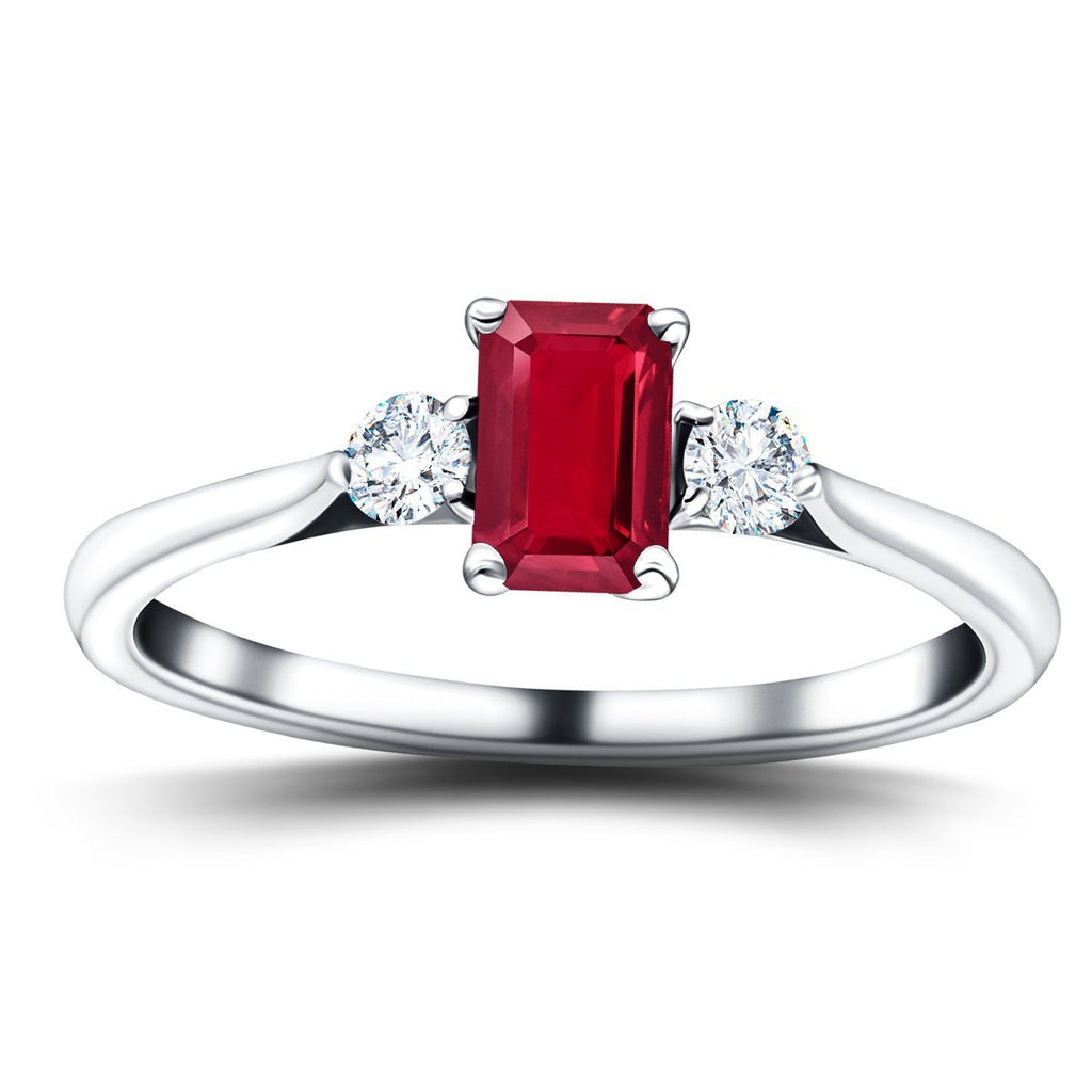 0.60ct Ruby with 0.20ct Diamond Trilogy Ring 18k White Gold - All Diamond