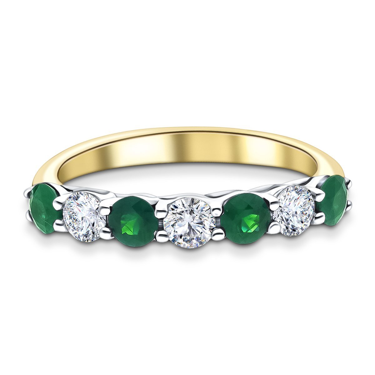 0.80ct Emerald 0.40ct Diamond Seven Stone Ring 18k Yellow Gold - All Diamond