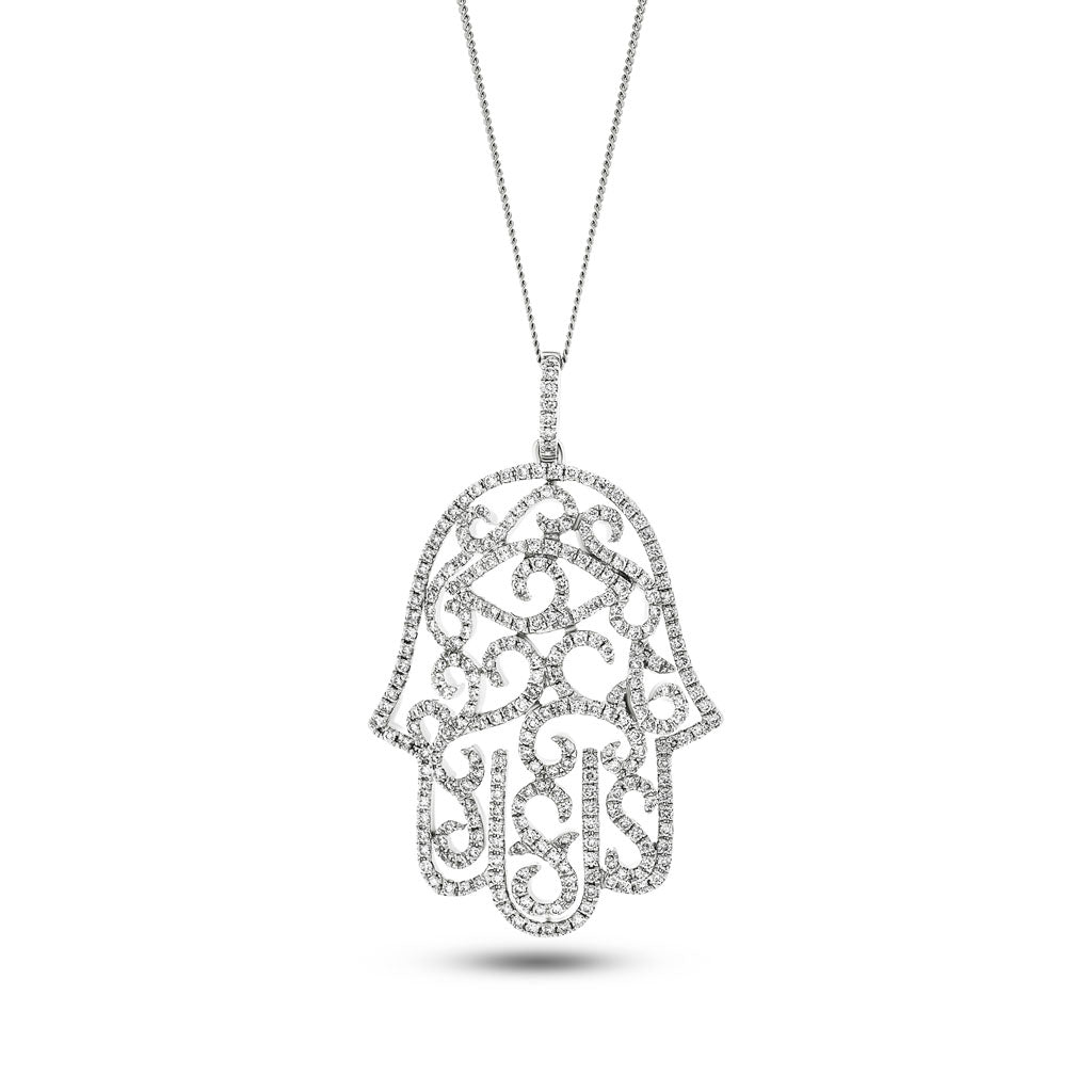 0.80ct G/SI Diamond and 18K White Gold Hamsa Pendant Necklace - All Diamond