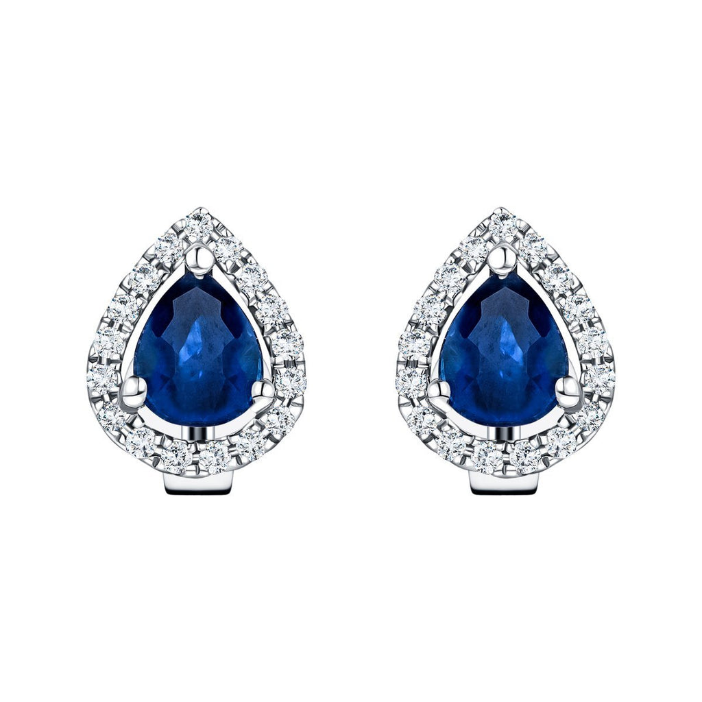 0.85ct Blue Sapphire & Diamond Pear Cluster Earrings 18k White Gold - All Diamond