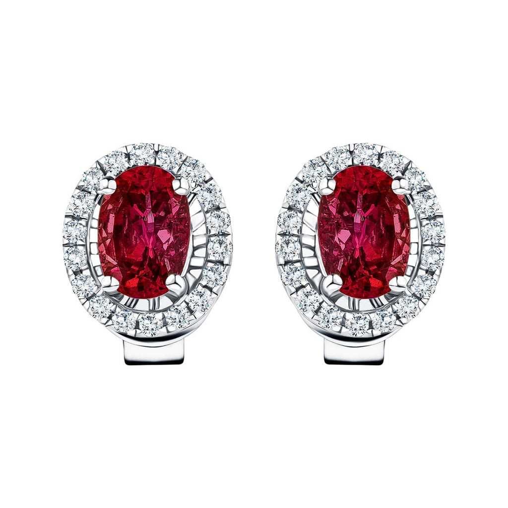 0.90ct Ruby & Diamond Oval Cluster Earrings 18k White Gold - All Diamond