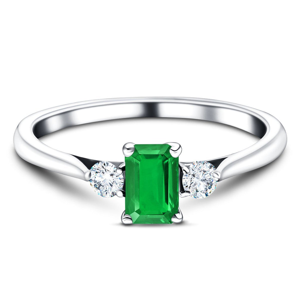 0.94ct Emerald with 0.21ct Diamond Trilogy Ring 18k White Gold - All Diamond