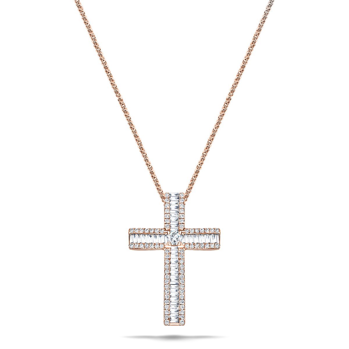 1.10ct Baguette & Round Diamond Cross in 18k Rose Gold - All Diamond