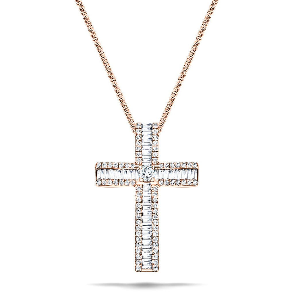 1.10ct Baguette & Round Diamond Cross in 18k Rose Gold - All Diamond