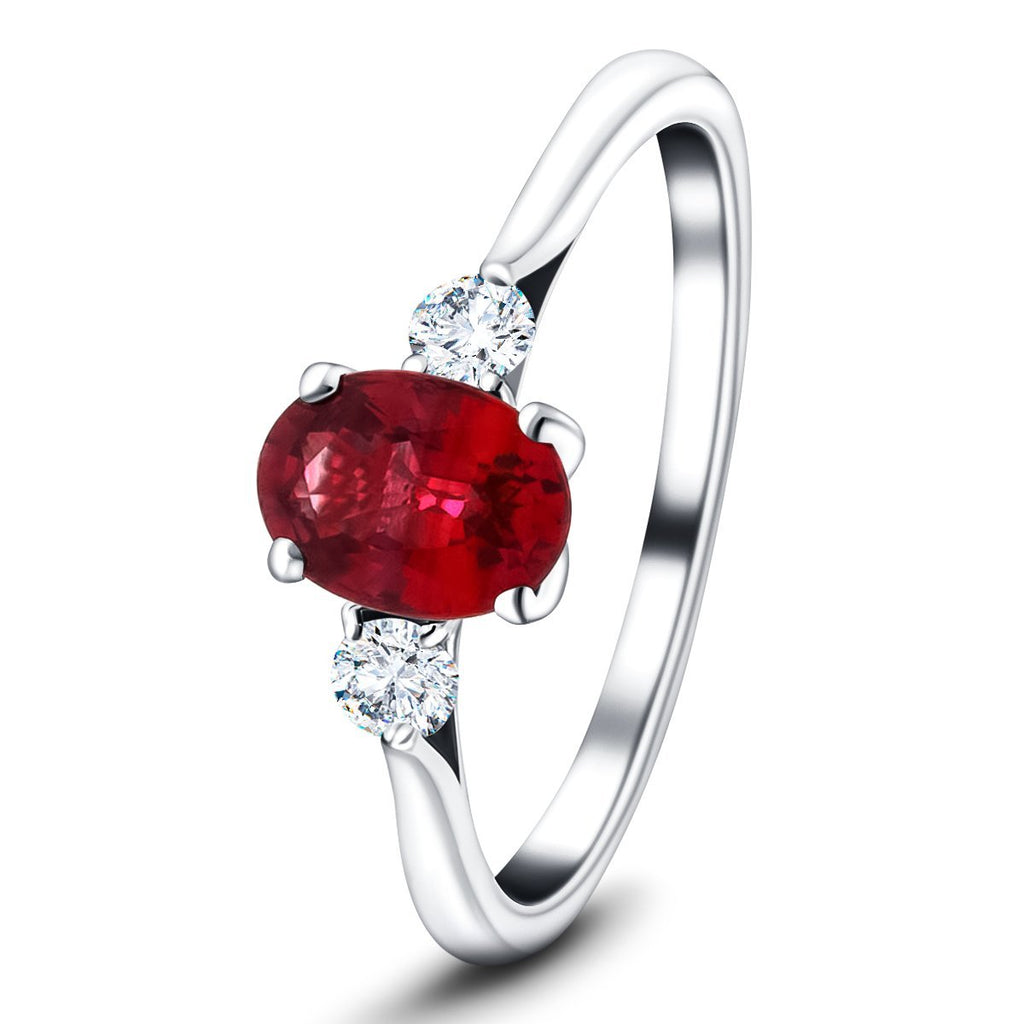 1.12ct Ruby with 0.22ct Diamond Trilogy Ring in 18k White Gold - All Diamond