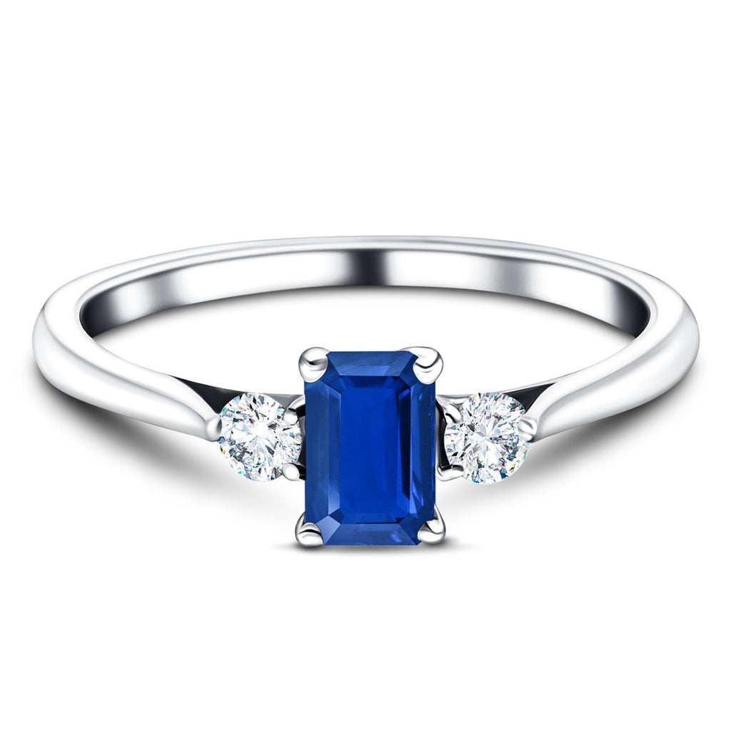1.14ct Blue Sapphire with 0.21ct Diamond Trilogy Ring 18k White Gold - All Diamond