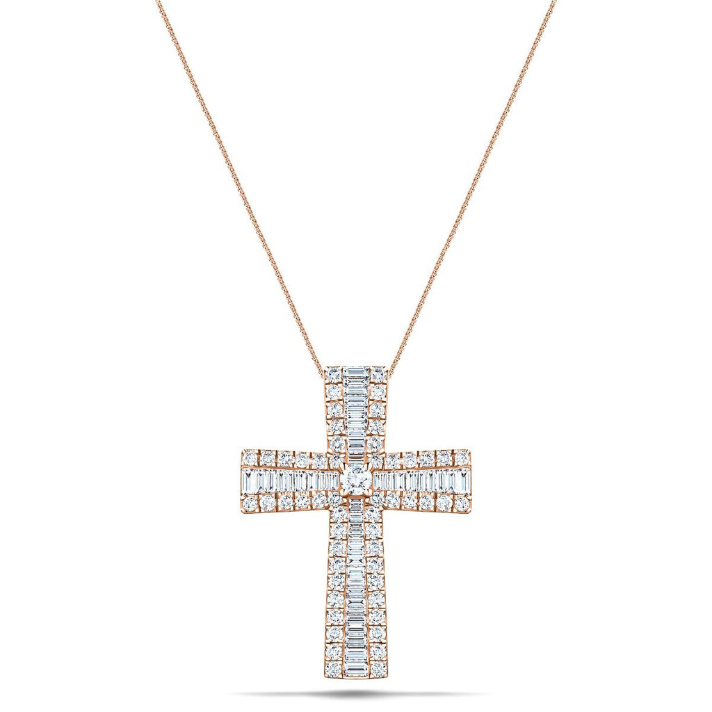 1.25ct Baguette & Round Cut Claw Set Diamond Cross in 18k Rose Gold - All Diamond