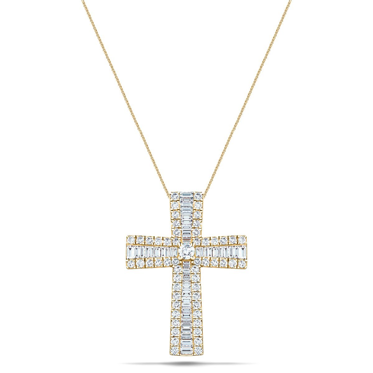 1.25ct Baguette & Round Cut Claw Set Diamond Cross in 18k Yellow Gold - All Diamond
