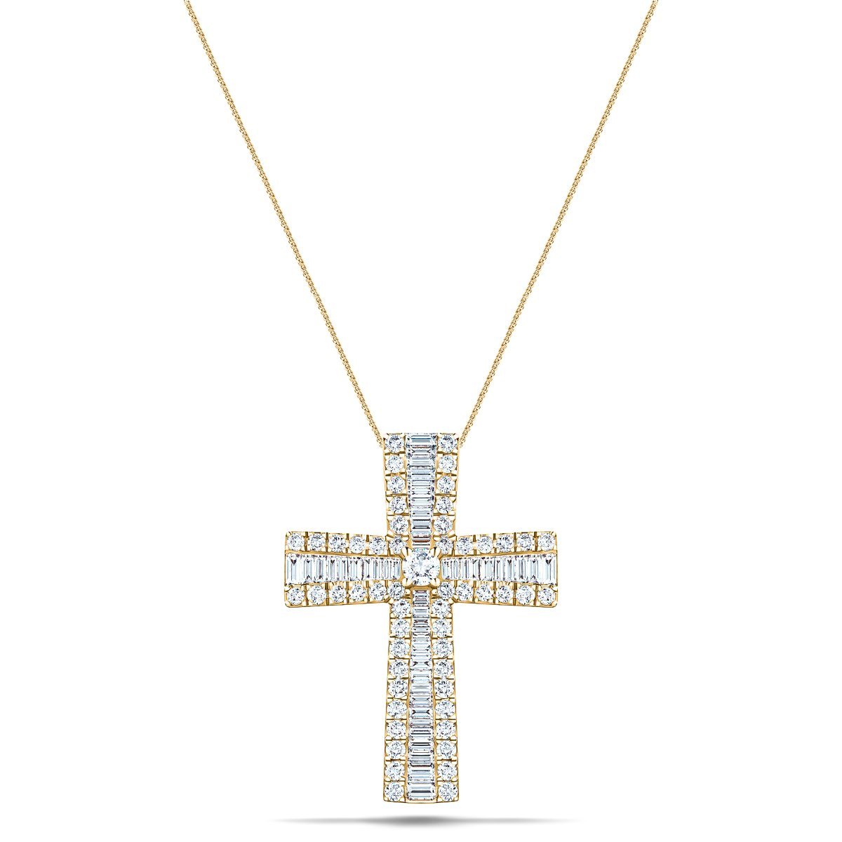 1.25ct Baguette & Round Cut Claw Set Diamond Cross in 18k Yellow Gold - All Diamond