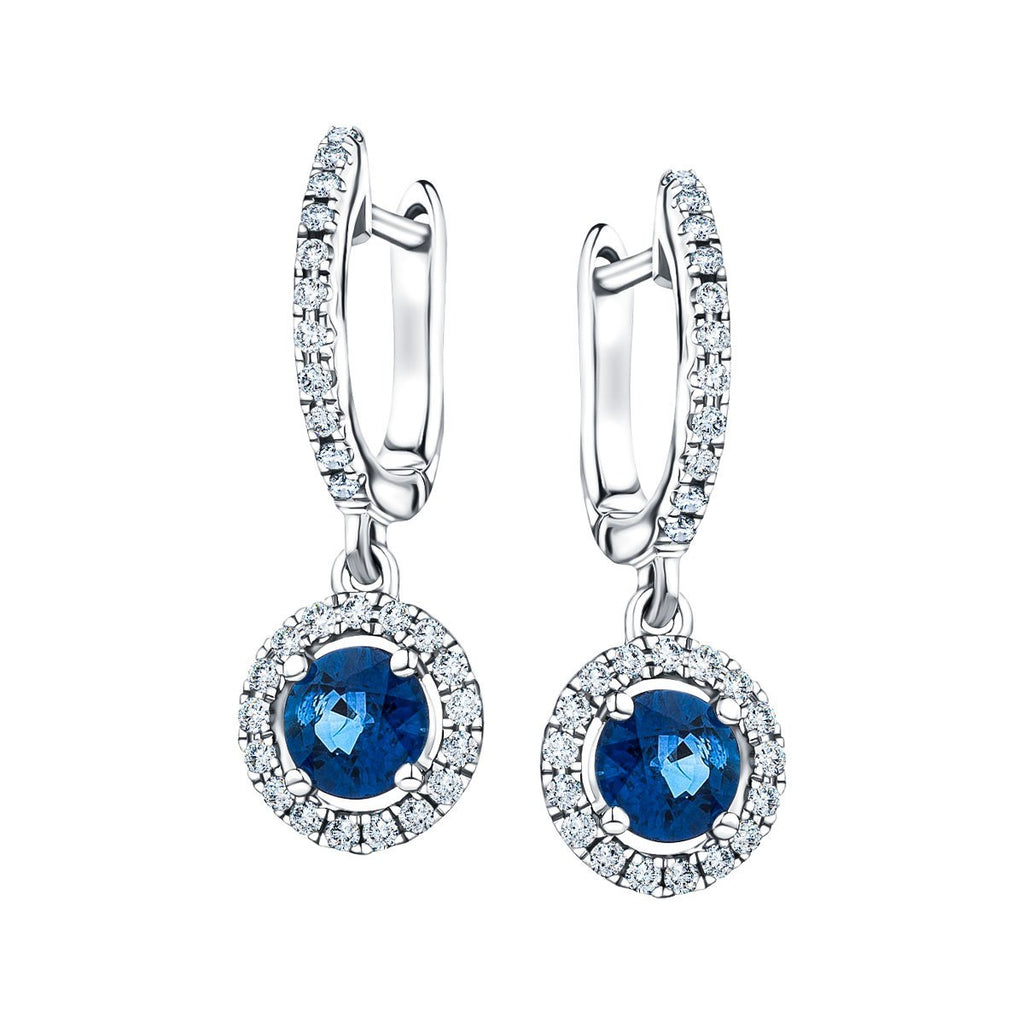 1.30ct Blue Sapphire & Diamond Drop Earrings in 18k White Gold - All Diamond